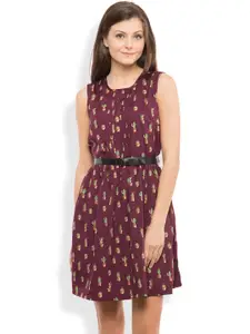 Tokyo Talkies Women Burgundy Printed Fit & Flare Dress