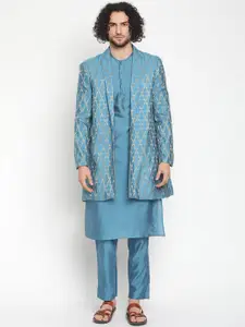 Abhishti Men Blue Button Down Kurta With Zari Work Jacket