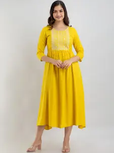 Women Touch Women Touch Yellow Embroidered Midi Dress