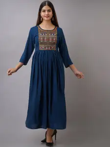 Women Touch Blue Ethnic Motifs Embroidered Ethnic A-Line Maxi Dress