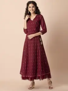 INDYA Shraddha Kapoor Women Maroon Georgette Embroidered Ethnic Maxi Dress