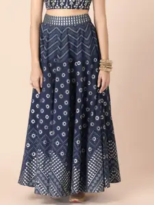 INDYA Shraddha Kapoor Women Blue & Silver-Coloured Chevron Foil Printed Flared Maxi Skirt