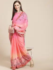 SERONA FABRICS Pink Ethnic Motifs Embroidered Pure Chiffon Saree