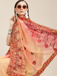 SERONA FABRICS Beige & Red Ethnic Motifs Embroidered Pure Chiffon Saree