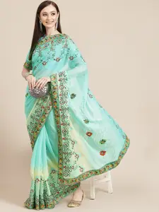 SERONA FABRICS Blue & Red Ethnic Motifs Embroidered Saree