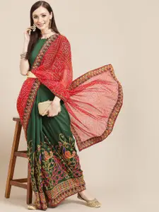 SERONA FABRICS Red & Green Bandhani Embroidered Pure Georgette Saree