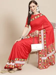 SERONA FABRICS Red & White Embroidered Border Saree