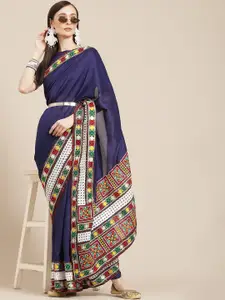 SERONA FABRICS Navy Blue & White Embroidered Border Saree