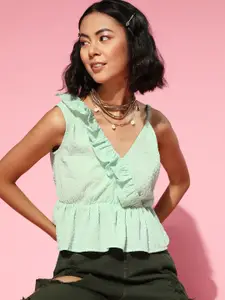 SASSAFRAS Women Green One Shoulder Ruffles Seersucker Top
