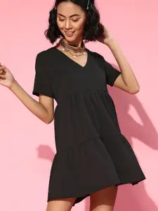 SASSAFRAS Women Black Solid A-Line Tiered Mini Dress