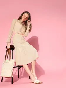 SASSAFRAS Nude-Coloured Sweetheart Neck Bishop Sleeves Net Top