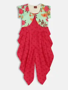 Twisha Girls Red & Sea Green Printed Dhoti Style Jumpsuit with Jacket