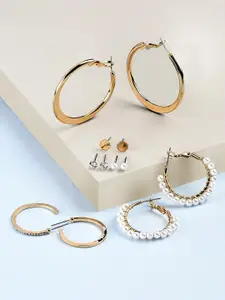 AMI Set Of 6 Gold-Plated & White Circular Hoop Stud & Half-Hoop Earrings