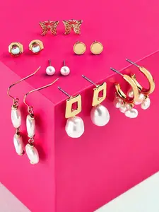 AMI Set of 7 Gold-Plated Contemporary Drop Stud & Semi-Hoops Earrings