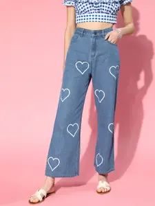 SASSAFRAS Women Blue Wide Leg High-Rise Heart Printed Jeans