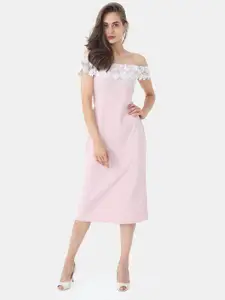 STYL CO. STYL CO Pink Lace Off-Shoulder A-Line Cotton Midi Dress