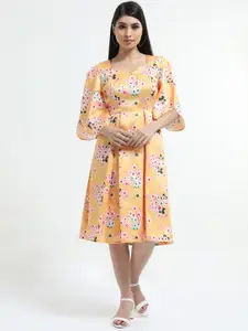STYL CO. STYL CO Yellow & Pink Floral Satin Pleated Vintage Dress