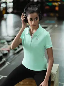 Reebok Women Green Solid Polo Collar Training T-shirt