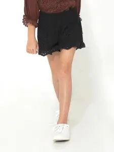 Cherry Crumble Girls Black Self Design Shorts
