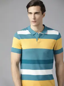 Roadster Men Blue & Khaki Striped Polo Collar Pure Cotton T-shirt