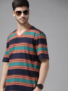 The Roadster Lifestyle Co. Striped V-Neck Pure Cotton T-shirt