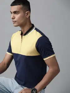 Roadster Men Navy Blue & Yellow Colourblocked Polo Collar Layered Sleeves Pure Cotton T-shirt