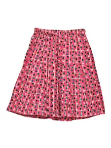 Fashionable Girls Pink & Black Polka Dot Printed A-Line Pure Cotton Skirt