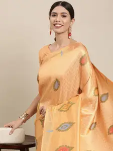 Mitera Beige & Gold Ethnic Motifs Zari Silk Blend Saree