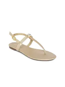 People Women Gold-Toned T-Strap Flats with Buckles