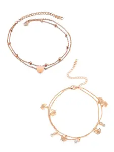 OOMPH Women Set of 2 Gold Tone Layered Butterfly & Heart Anklets