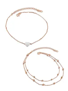 OOMPH Set of 2 Gold Tone Heart & Beads Multi Layered Anklet