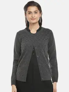 RANGMANCH BY PANTALOONS Women Charcoal Self Designed Acrylic Cardigan Sweater