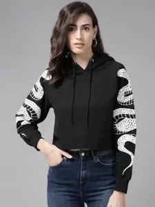 The Dry State Women Black Snake Printed Fleece Hooded Crop Sweatshirt