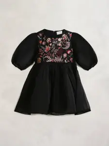 Cherry Crumble Girls Black Floral Embroidered Net Fit & Flare Dress