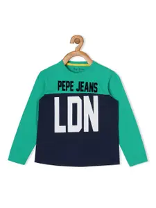 Pepe Jeans Boys Green & Navy Blue Printed Pure Cotton T-shirt