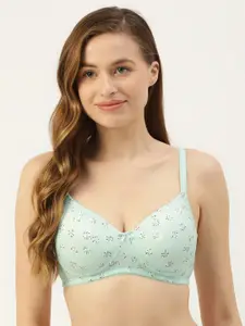 Leading Lady Green & White Floral Print Wirefree Lightly Padded Full Coverage Bra