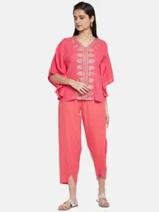 AKKRITI BY PANTALOONS Women Coral & Gold-Toned Printed Top with Trousers