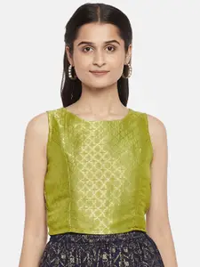 AKKRITI BY PANTALOONS Lime Green & Gold-Coloured Ethnic Motifs Woven Design Cropped Top