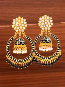 Crunchy Fashion Black &Gold-Toned Kundan Studded & Pearl Beaded Contemporary Drop Earrings