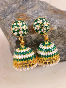 Crunchy Fashion Gold-Plated Green & White Enamelled Jhumka Earrings
