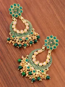 Crunchy Fashion Gold-Plated Green & Peach-Coloured Kundan Chandbalis Earrings