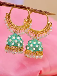 Crunchy Fashion Green & Gold-Toned White Pearls Contemporary Jhumkas Earrings