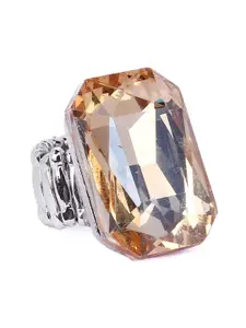 Crunchy Fashion Silver-Plated & Peach Crystal Solitaire Antique Finger Ring