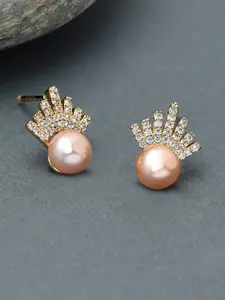 Zaveri Pearls Gold-Plated Peach-Coloured Freshwater Pearl & Cubic Zirconia Studs Earrings