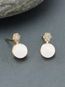 Zaveri Pearls Gold-Plated Peach-Coloured Freshwater Pearl & Cubic Zirconia Drop Earrings