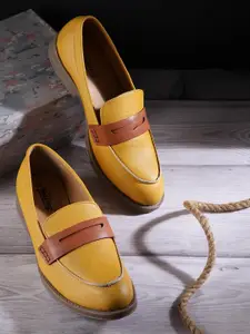 Roadster Women Mustard Yellow & Tan Brown Solid Platform Penny Loafers