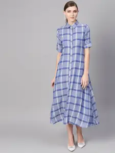 GERUA Blue Checked Cotton Midi Shirt Dress