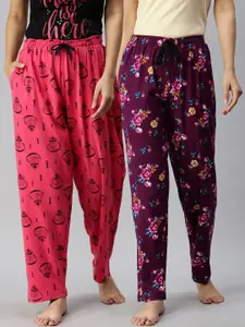 Kryptic Women Pack Of 2 Fuchsia & Maroon Printed Pure Cotton Lounge Pants