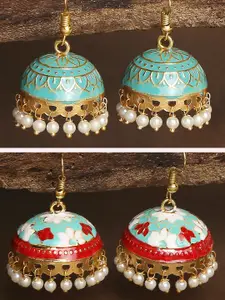 OOMPH Pack Of 2 Green & Red Enamelled Dome Shaped Jhumkas Earrings