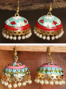 OOMPH Pack Of 2 Meenakari Enamel Dome Shaped Jhumkas Earrings